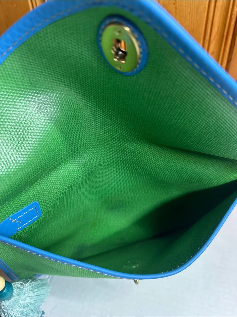 Fossil Green Canvas Wristlet Clutch with Blue Trim